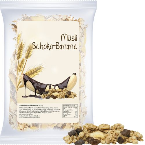 Muesli crunchy banana-choco, ca. 60g, express maxi bag with label