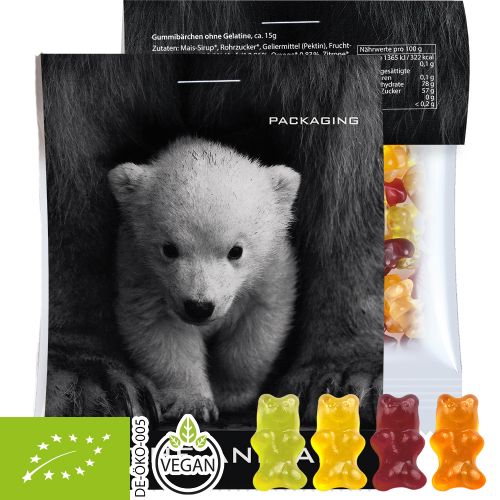 Organic gummy bears without gelatine, ca. 15g, express midi bag with promotional flyer