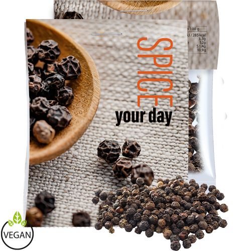 Black pepper whole, ca. 8g, express midi bag with promotional flyer