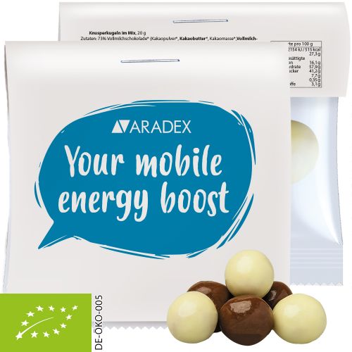 Organic choco crispy balls, ca. 20g, express maxi bag with promotional flyer