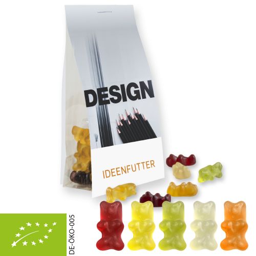 Organic gummy bears with gelatine, ca. 40g, express pouch with promotional flyer