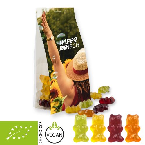 Organic gummy bears without gelatine, ca. 40g, express pouch with promotional flyer