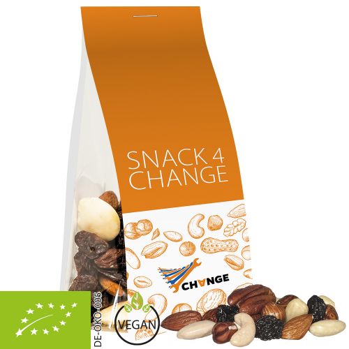 Organic trail mix, ca. 40g, express pouch with promotional flyer