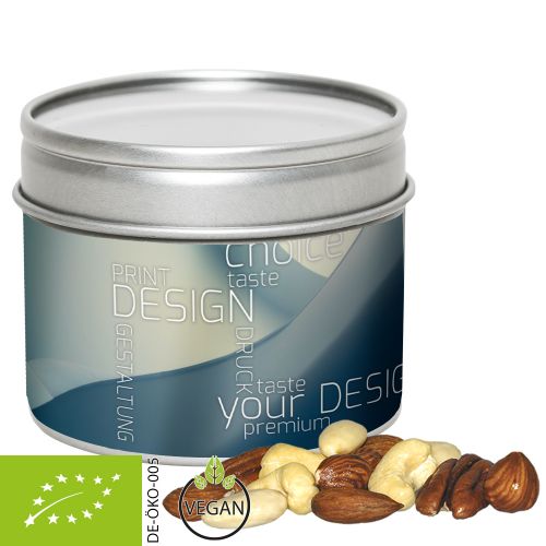 Organic nut mix , ca. 60g, metal tin with window with label
