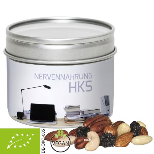Organic trail mix, ca. 60g, metal tin with window with label