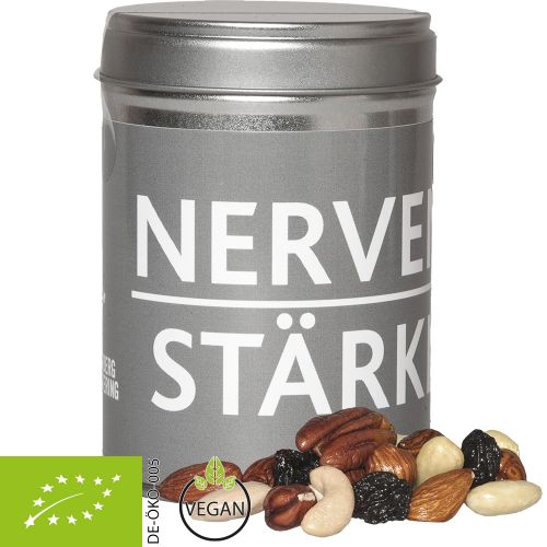 Organic trail mix, ca. 100g, dual tin with label