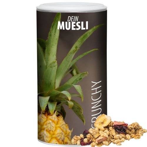 Muesli crunchy fruit, ca. 150g, cardboard can medium with label