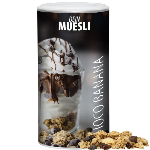 Muesli crunchy banana-choco, ca. 170g, cardboard can medium with label