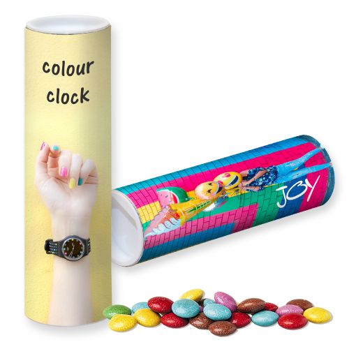 Coloured chocolate lentils, ca. 35g, cardboard can with label