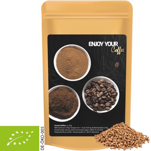 Organic instant coffee, ca. 20g, mini stand up pouch with label