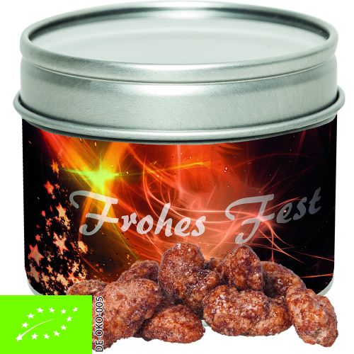 organic burnt almonds, ca. 60g, metal tin with window with label