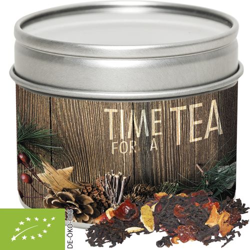 organic Christmas black tea, ca. 30g, metal tin with window with label