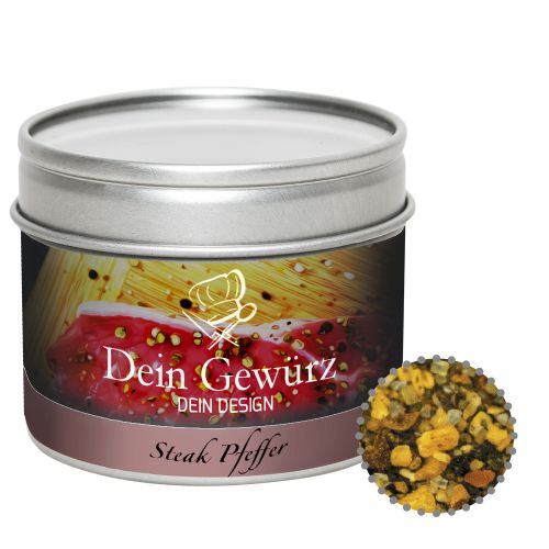 Steak pepper, ca. 60g, metal tin with window with label