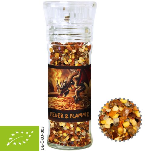 Organic fire and flame spice, ca. 45g, transparent spice mill with label