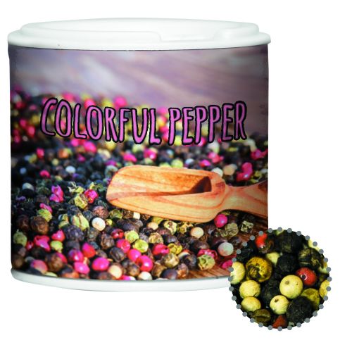 Colorful pepper whole, ca. 20g, cardboard spice shaker with label