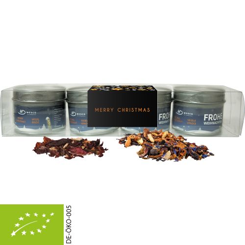 various Christmas tea sorts organic and non organic, ca. 120g, 4-set metal tin with window with label