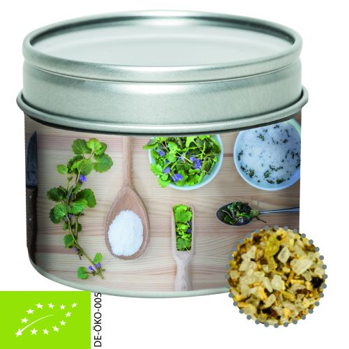 Organic herb salt, ca. 75g, metal tin with window with label