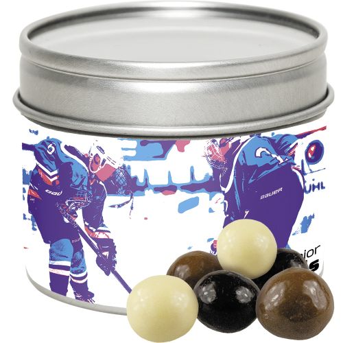 choco crispy balls, ca. 45g, metal tin with window with label