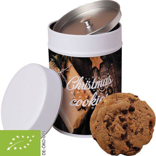 organic cookie choco cashew, ca. 125g, metal tin maxi with label