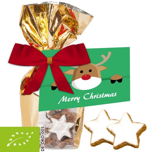Organic cinnamon stars, ca. 100g, gold foil with window with advertising card