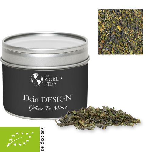 Organic green tea with mint, ca. 18g, metal tin with window with label