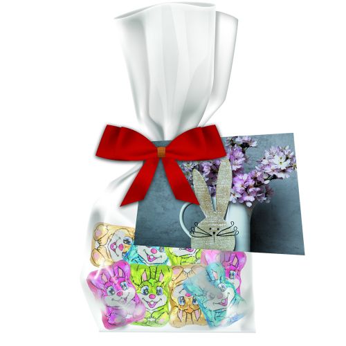 Chocolate bunny mix, ca. 24g, express flat bag with bow with advertising card