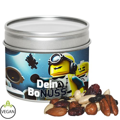 Premium trail mix, ca. 60g, metal tin with window with label