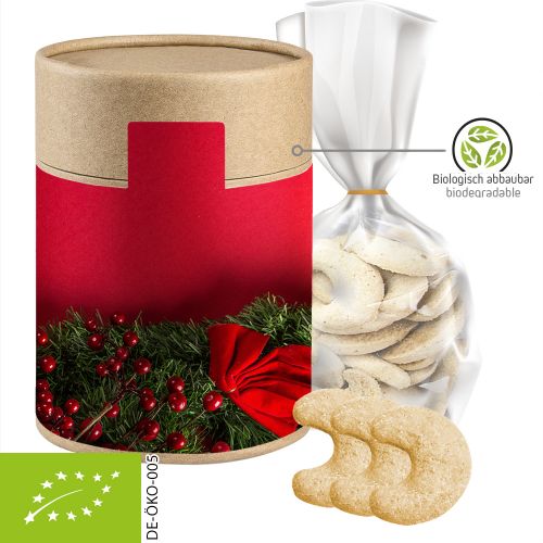 Organic vanilla crescents, ca. 100g, pouch in biodegradable eco cardboard can maxi with label