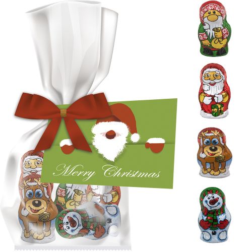 Chocolate Christmas mix, ca. 35g, express flat bag with bow with advertising card