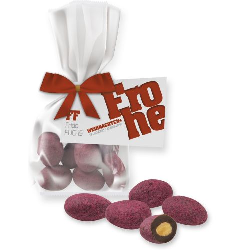 Bittersweet cocoa raspberry almonds, ca. 35g, express flat bag with bow with advertising card